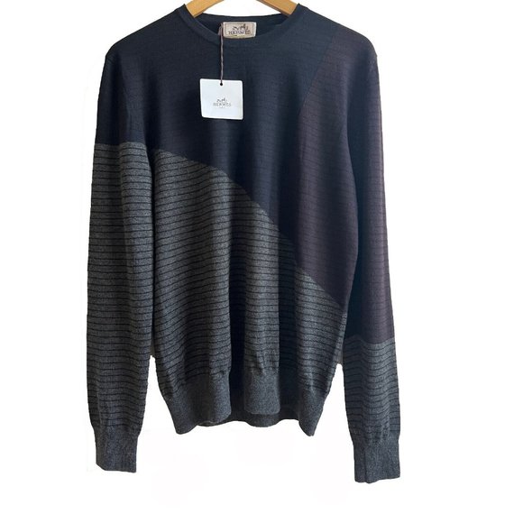 New Hermes 100% Cashmere Mens Crewneck Colorblock Sweater - Picture 3 of 16